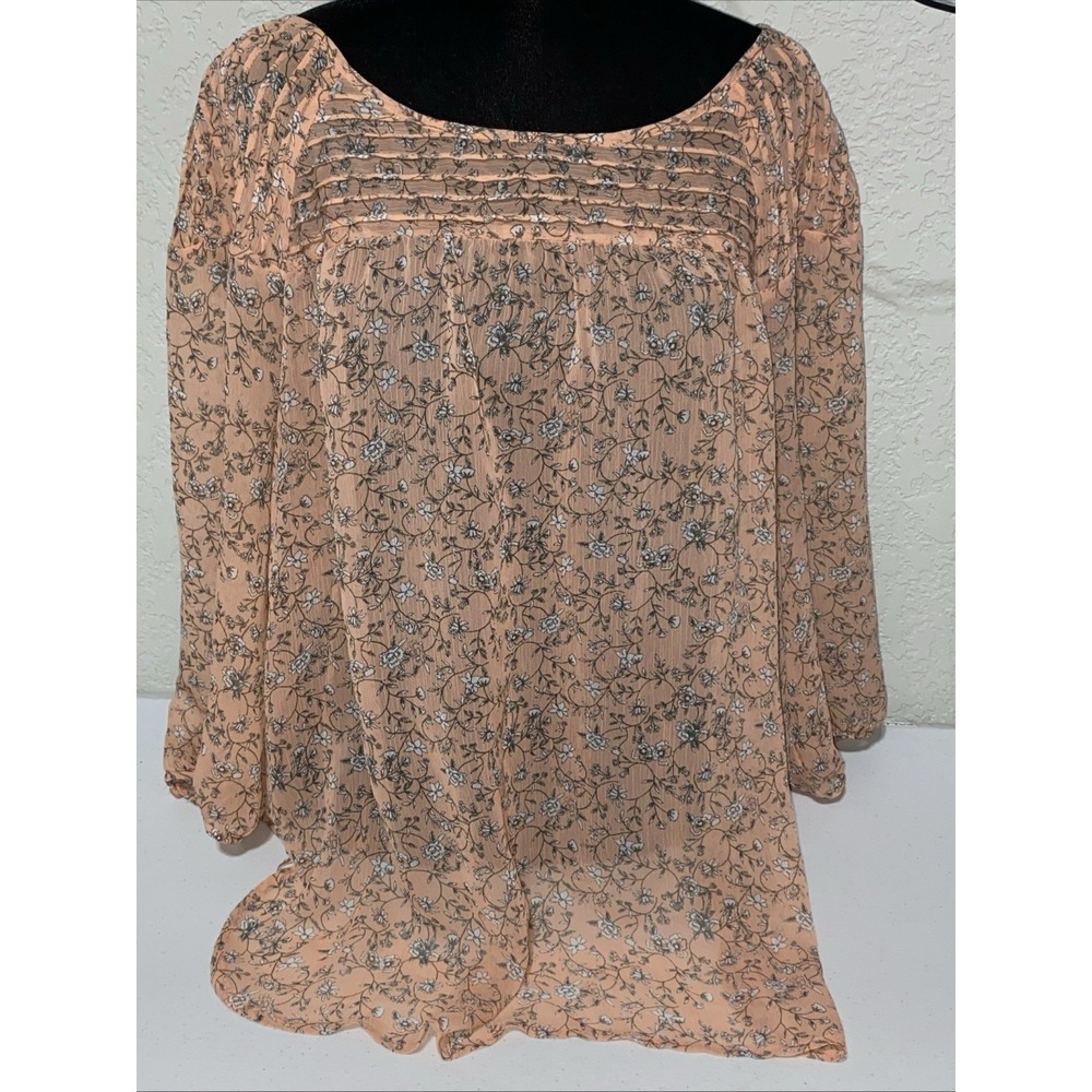 LC‎ Lauren Conrad Floral Blouse Shirt Top Size XXL Sheer Peach Orange 3/4 Sleeve